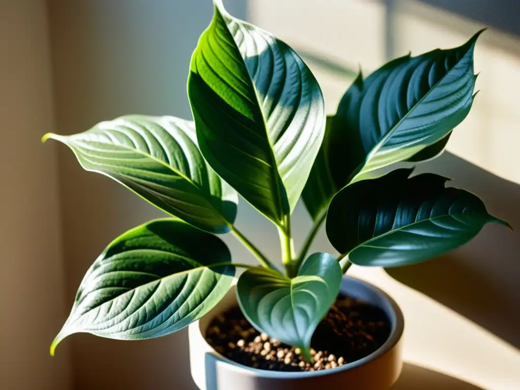 Detalle de una planta de interior sana y verde, iluminada suavemente por la luz natural, resaltando la importancia de la luz para plantas de interior