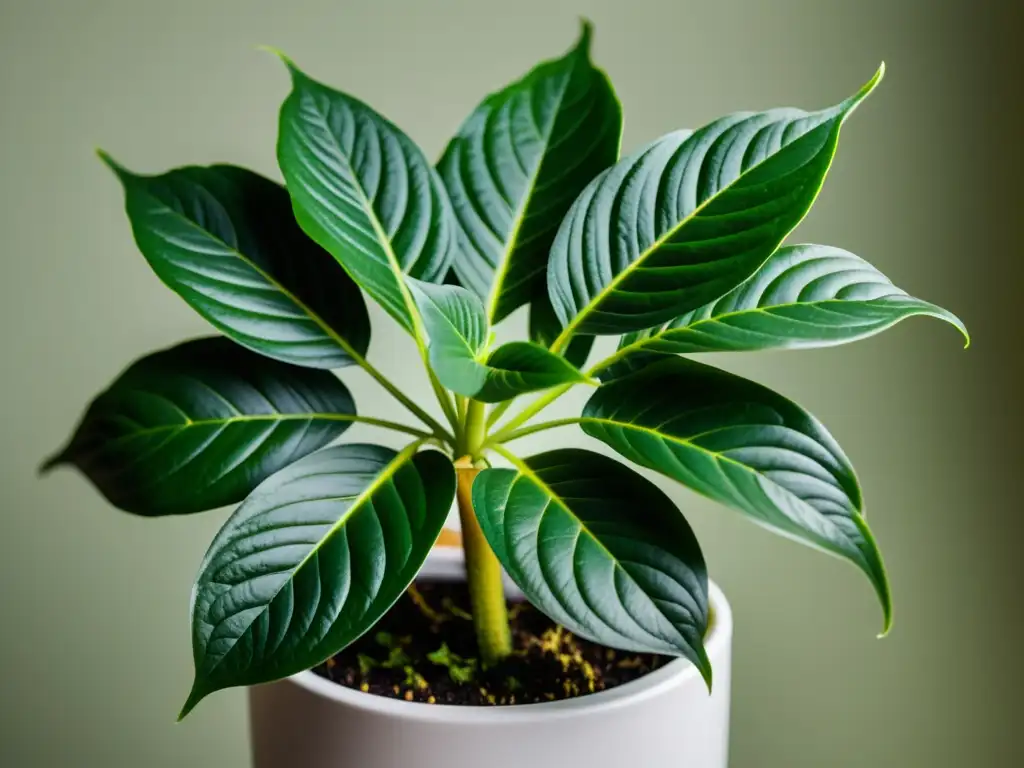 Detalle de planta de interior con síntomas de falta de luz, hojas amarillentas y crecimiento débil, resaltando sus texturas y formas naturales