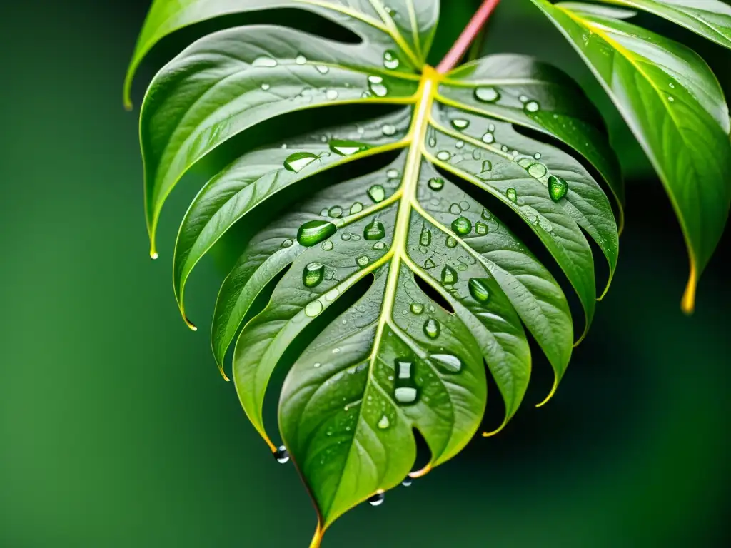 Detalle de planta de interior con síntomas de sobre riego, hojas verdes con gotas de agua, mostrando su belleza natural