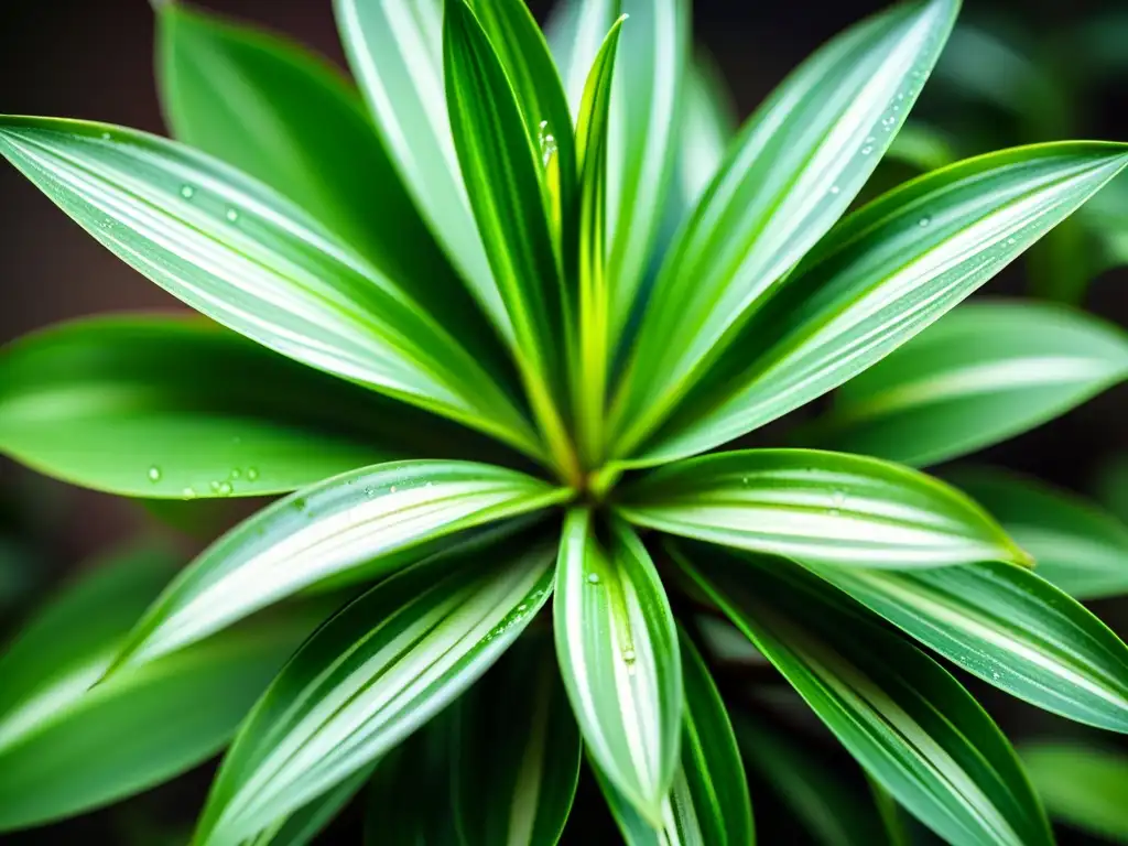 Detalle de planta de interior para terapia, hojas verdes variegadas con gotas de agua, evocando frescura y vitalidad