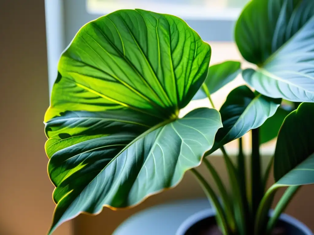 Detalle de planta de interior verde y saludable iluminada por luz natural, destacando la importancia de la luz para plantas de interior