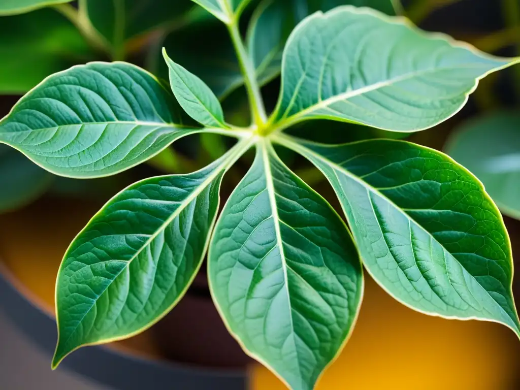 Detalle de planta de interior verde y saludable, iluminada suavemente