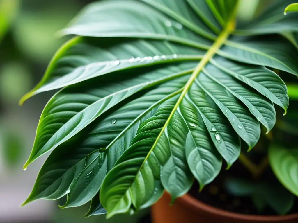 Detalle de planta de interior verde con patrones delicados y gotas de agua, capturando el movimiento de las plantas de interior