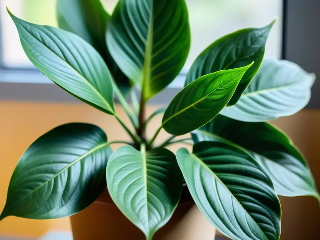 Detalle de planta de interior verde con movimiento delicado y patrones intrincados, iluminada naturalmente