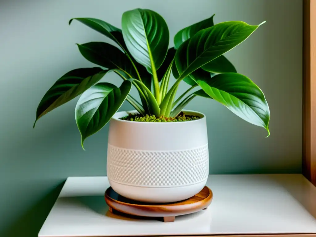 Detalle de planta de interior en maceta blanca sobre soporte de madera, iluminada por luz natural