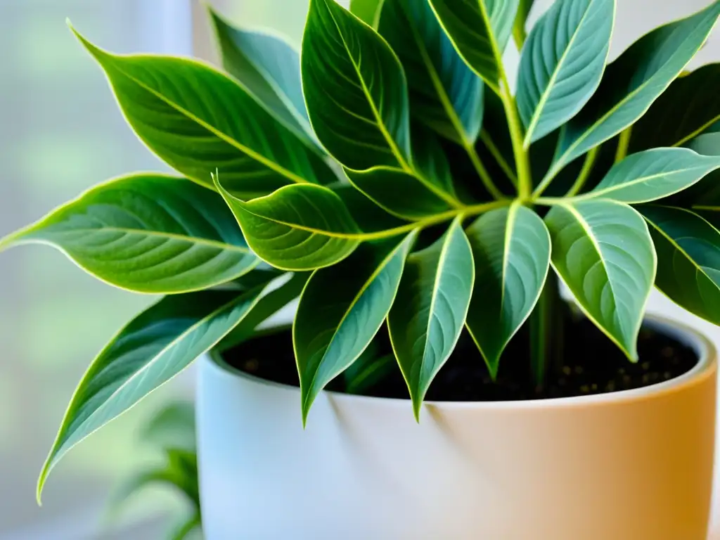 Detalle de planta de interior en maceta blanca, con hojas verdes y variadas, mostrando su belleza natural y el cuidado de plantas en el hogar