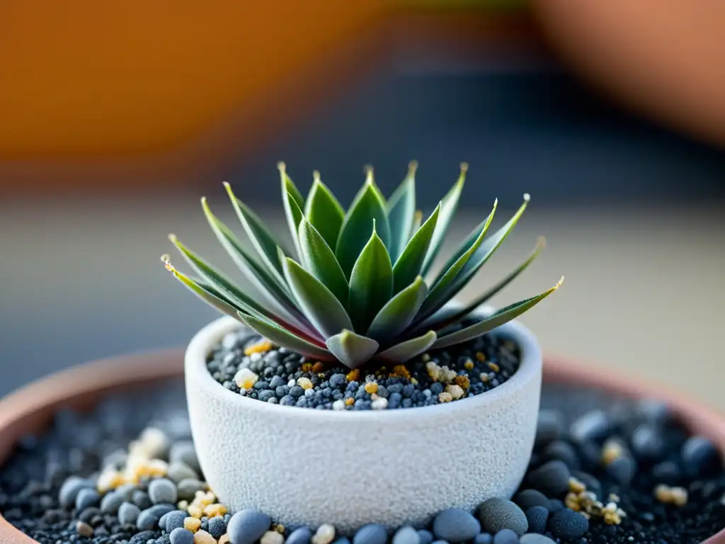 Detalle de planta en maceta con gravilla y perlita resaltando beneficios de drenaje