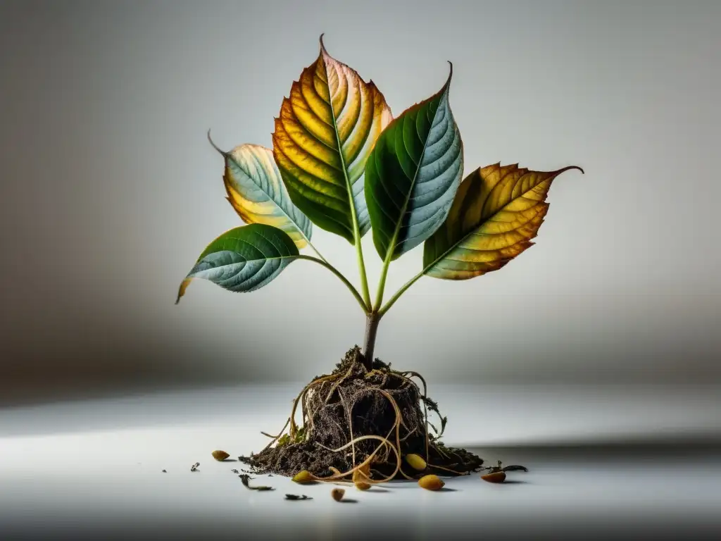 Detalle de planta de interior marchita con hojas secas y onduladas, sobre fondo blanco