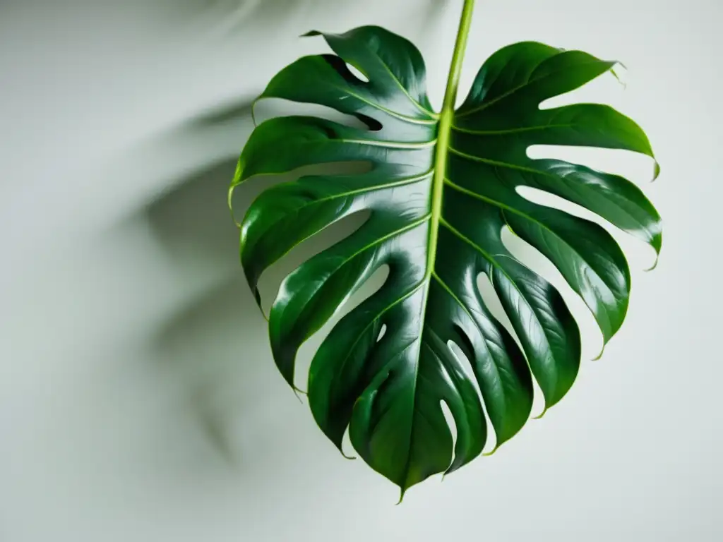 Detalle de planta Monstera deliciosa con hojas verdes exuberantes, iluminadas por luz natural contra una pared blanca