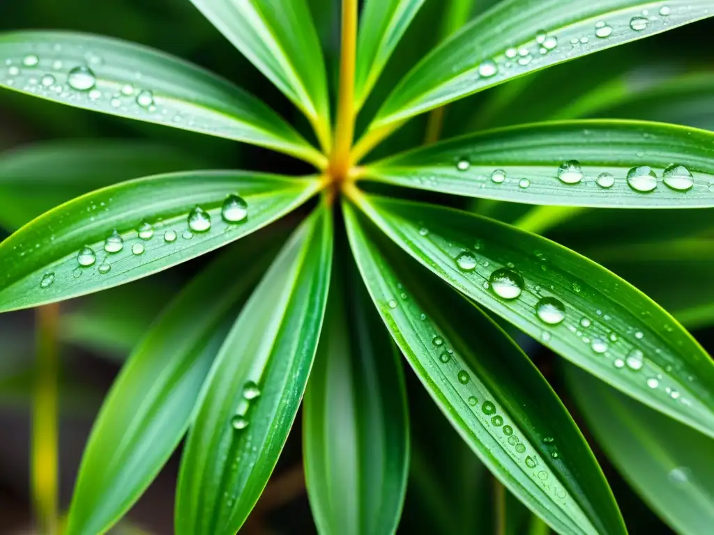 Detalle de planta purificadora de aire interior con hojas verdes brillantes y gotas de agua, destacando su belleza natural