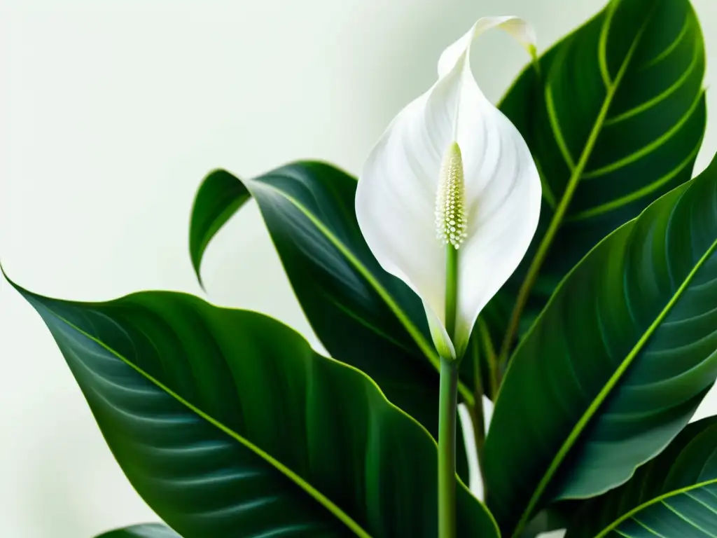 Detalle de planta purificadora de aire con flores blancas y hojas verdes vibrantes, creando una composición serena y elegante