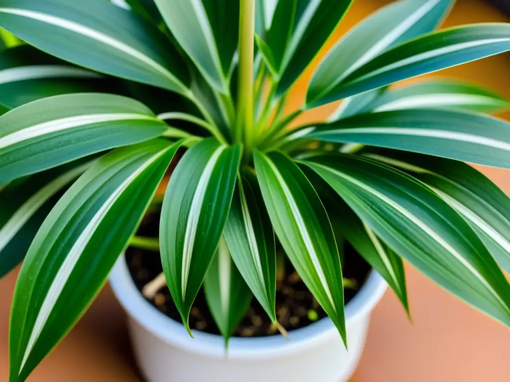 Detalle de planta purificadora de aire urbano con hojas verdes y finas rayas blancas