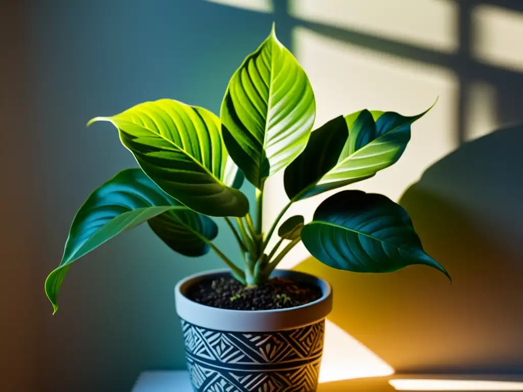 Detalle de planta de interior sana bajo cálida luz natural, destacando la importancia del efecto luz PAR en el crecimiento de plantas