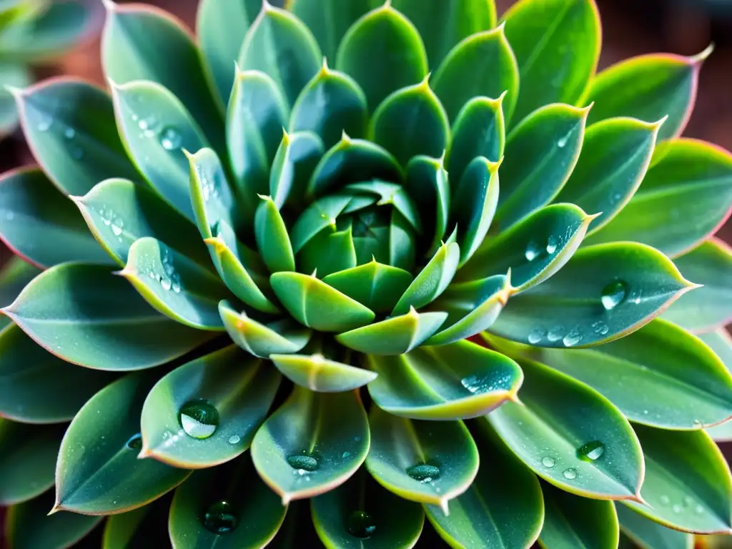 Detalle de planta suculenta resistente, con hojas geométricas en tonos verdes y gotas de agua