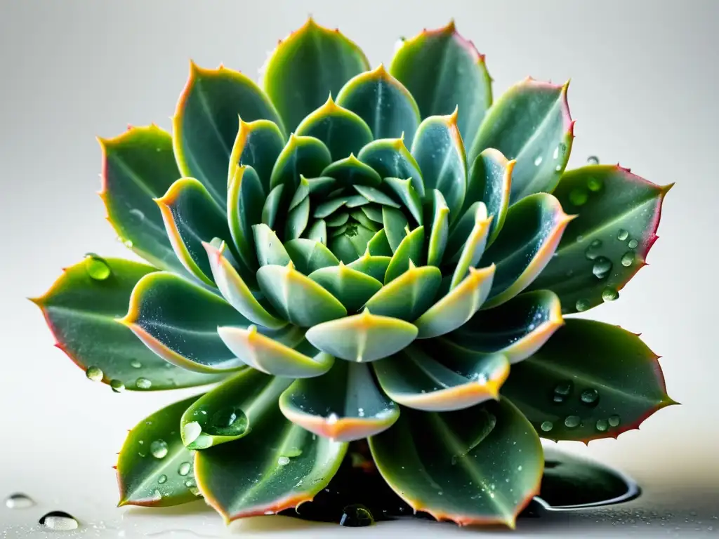 Detalle de planta suculenta verde con gotas de agua, resalta la belleza natural