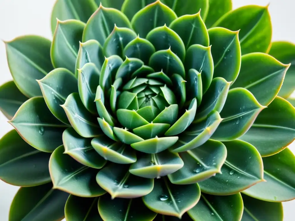 Detalle de planta suculenta verde con patrones simétricos y gotas de agua, sobre fondo blanco