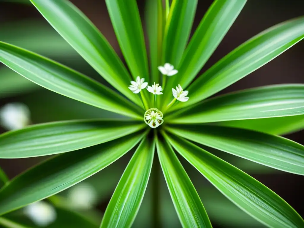 Detalle de planta araña en tonos verdes vibrantes, con delicadas hojas arqueadas y pequeñas flores blancas