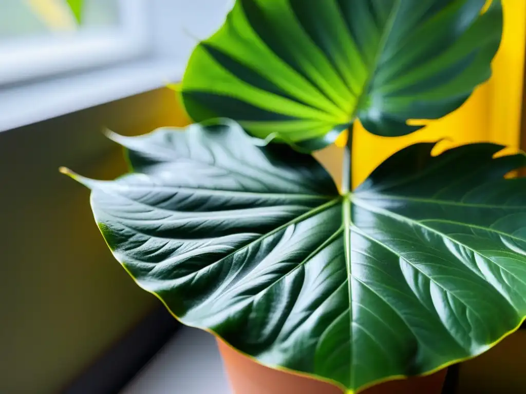 Detalle de planta tropical en interior con hojas verdes brillantes y luz dorada