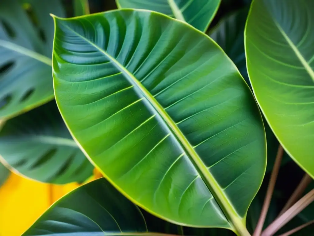 Detalle de planta tropical saludable con hojas verdes vibrantes