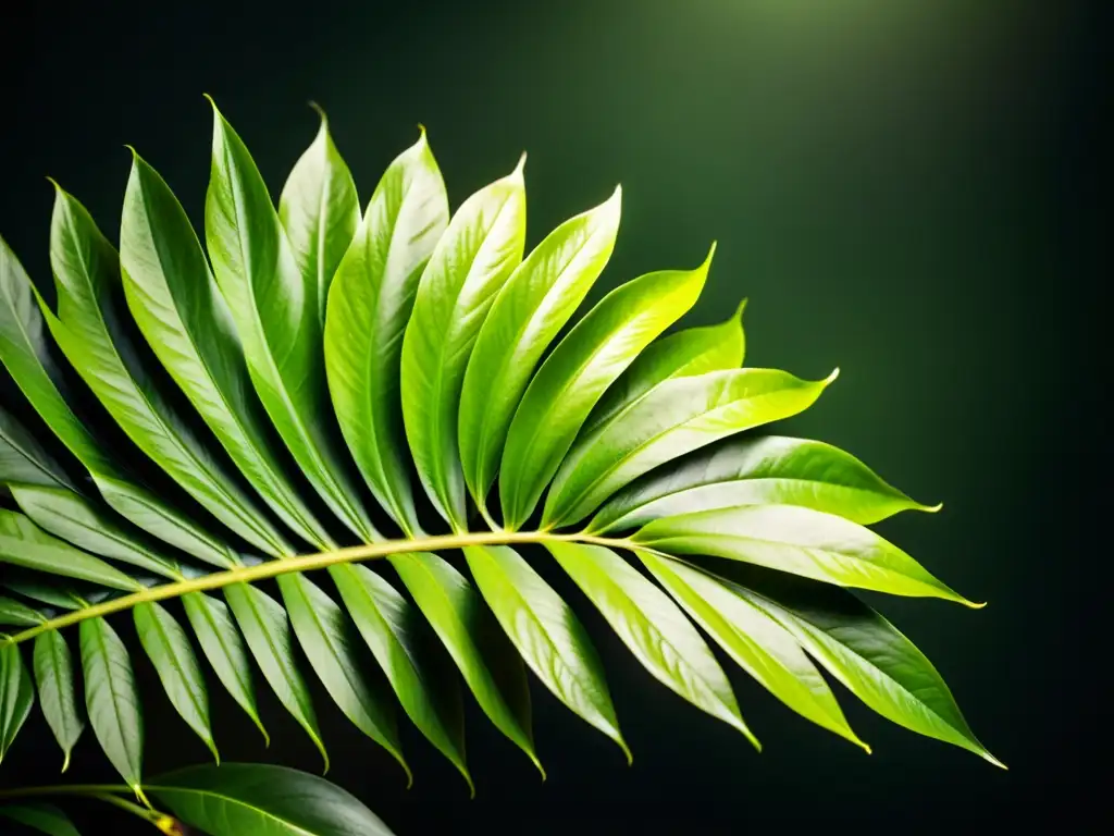 Detalle de planta tropical verde exuberante adaptándose a la poca luz, con sombras sutiles que realzan su belleza natural