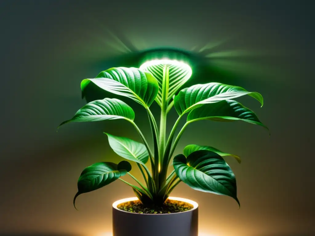 Detalle de planta de interior verde bajo iluminación artificial, una armonía entre naturaleza y tecnología