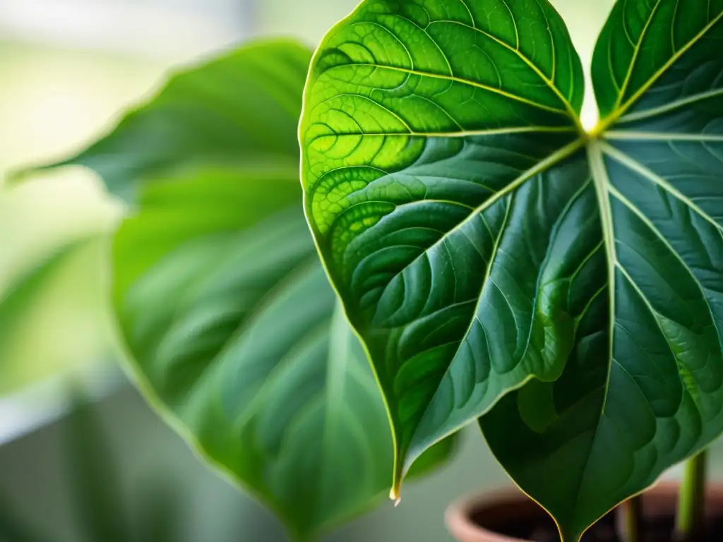 Detalle de planta de interior verde exuberante, destacando sus patrones y venas delicadas