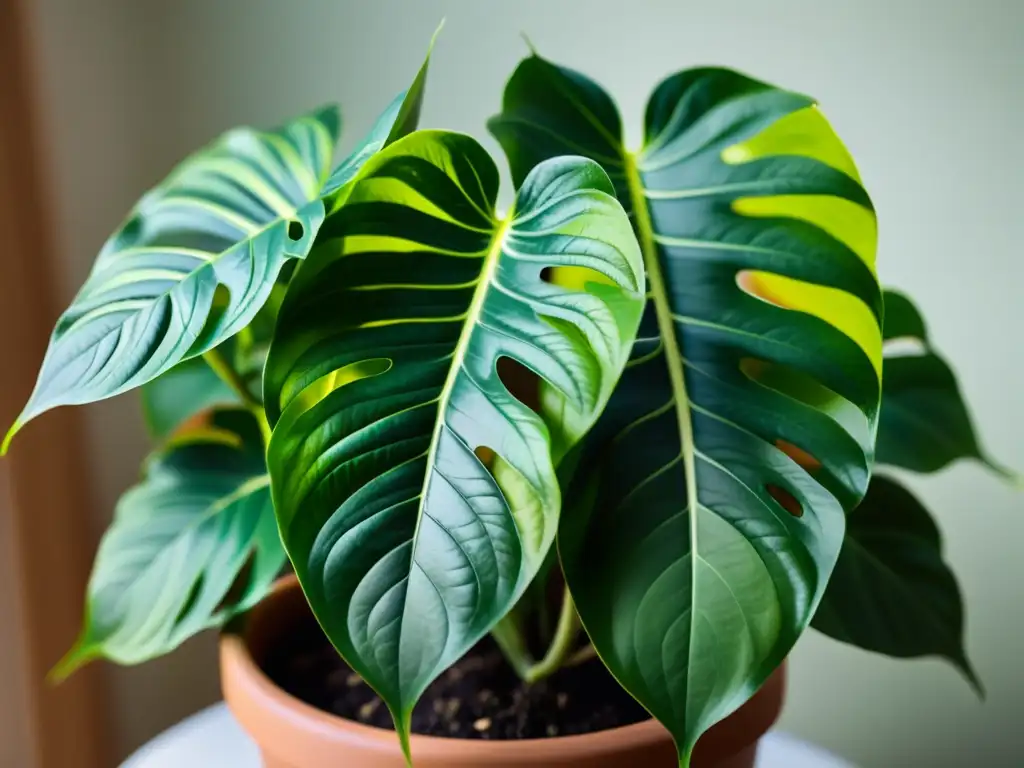 Detalle de planta de interior verde exuberante con hojas vibrantes y variegadas, iluminada suavemente