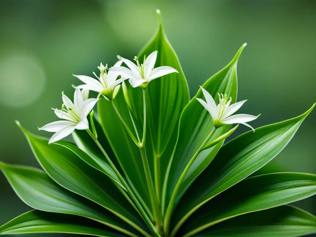 Detalle de una planta araña verde exuberante, destacando sus hojas y flores blancas