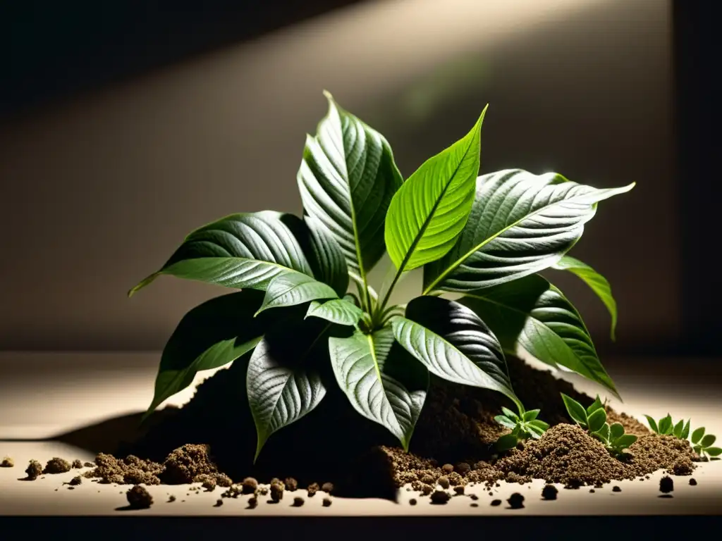 Detalle de planta verde exuberante en ambiente tenue