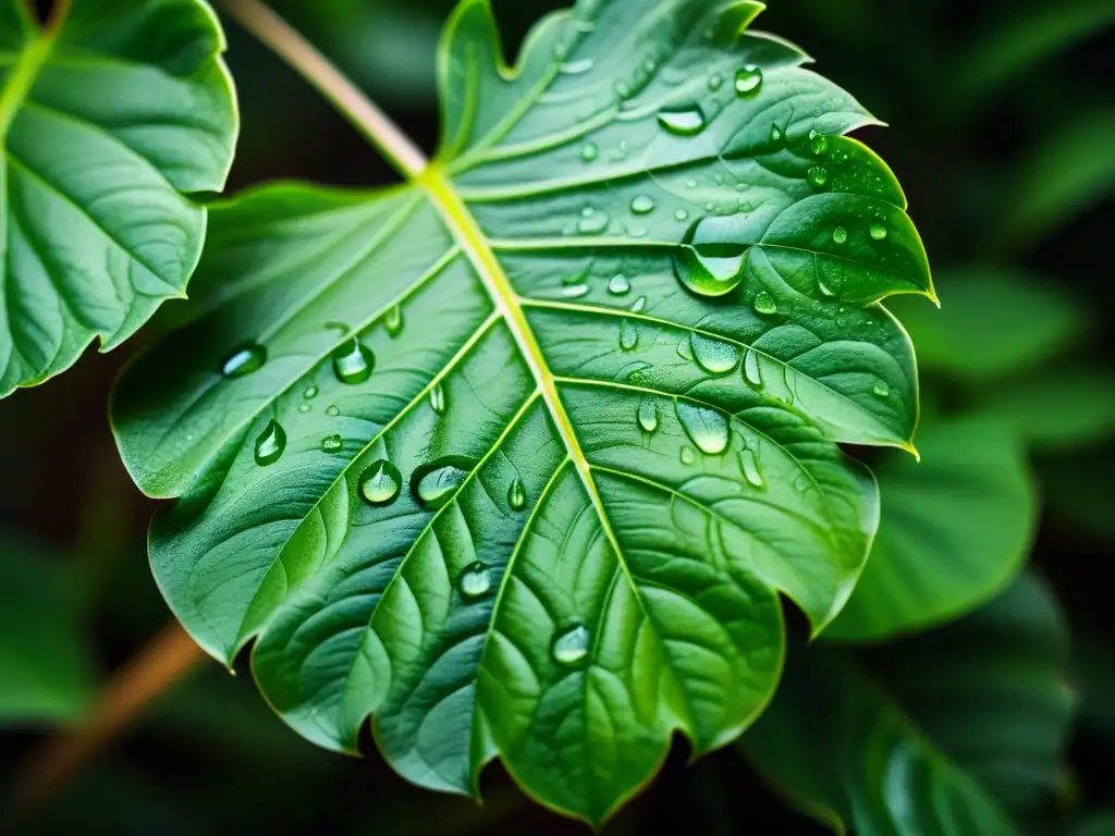 Detalle de planta de interior verde exuberante, con gotas de agua y venas de las hojas