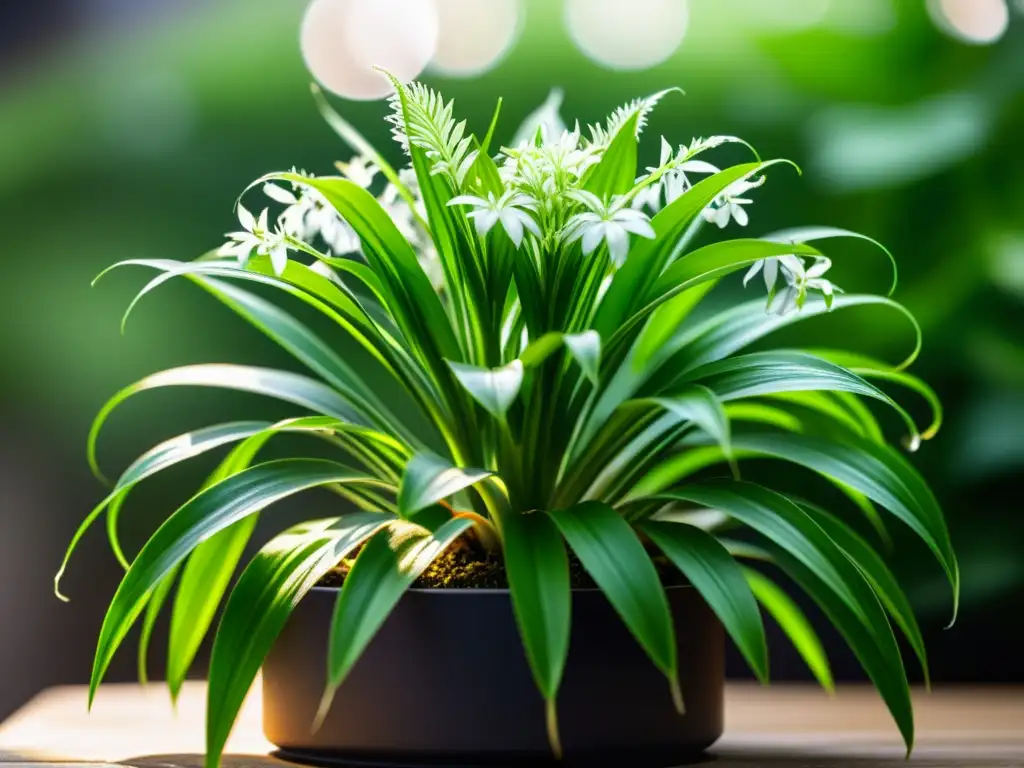 Detalle de planta araña verde con flores blancas, una de las mejores plantas para oxigenar espacio interior