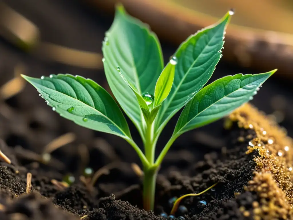 Detalle de una planta verde emergiendo con gotas de agua, resaltando su belleza natural