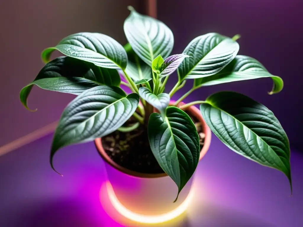 Detalle de planta verde iluminada por luces LED rosadas y moradas, mostrando el efecto del color de la luz en plantas