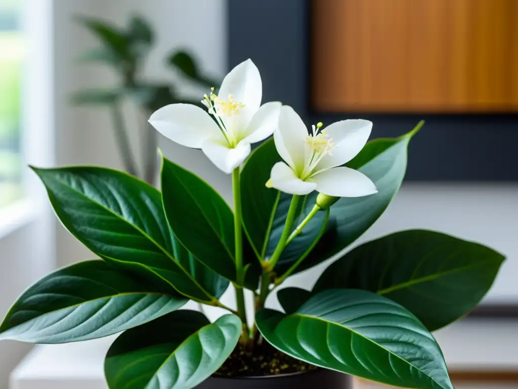 Detalle de planta de jazmín verde en interior moderno, realzando beneficios jazmín planta interior