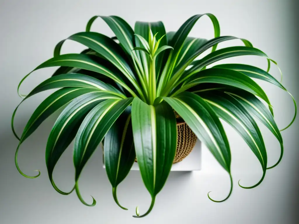 Detalle de planta araña verde vibrante resaltando sus beneficios como purificadora de interiores