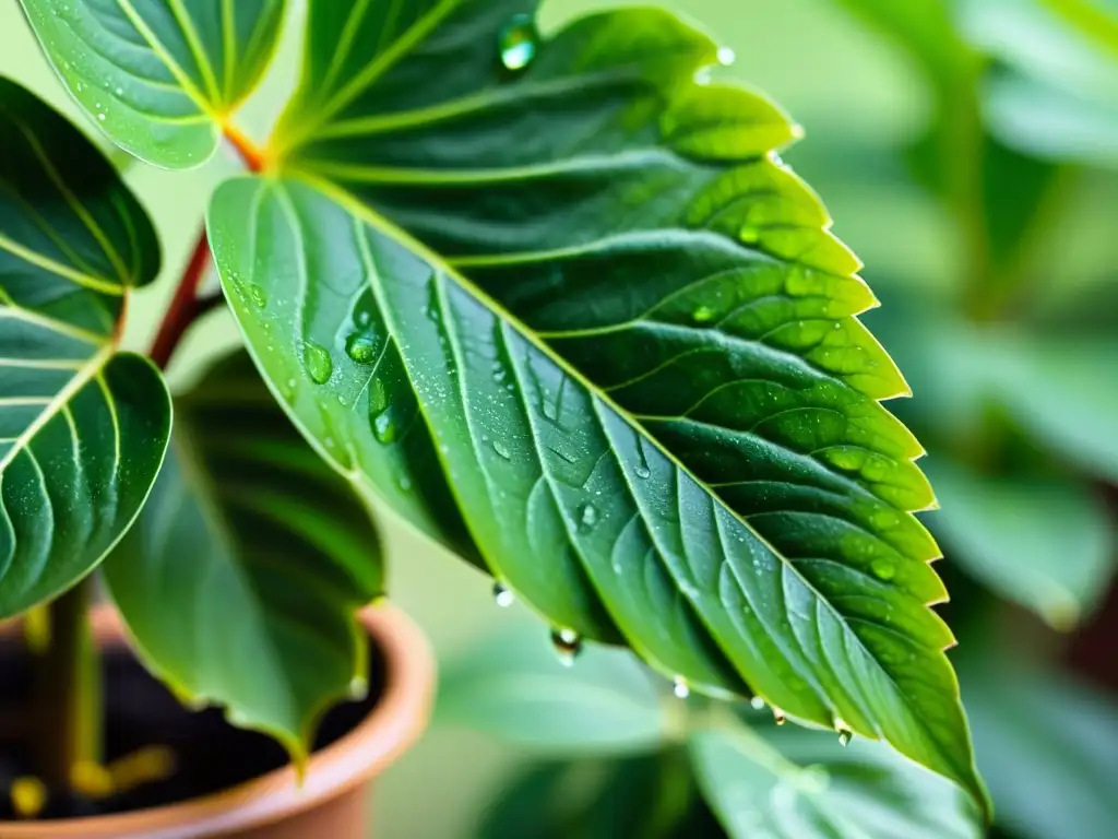 Detalle de planta de interior verde vibrante con patrones intrincados en las hojas, rodeada de gotas de agua, en una atmósfera serena