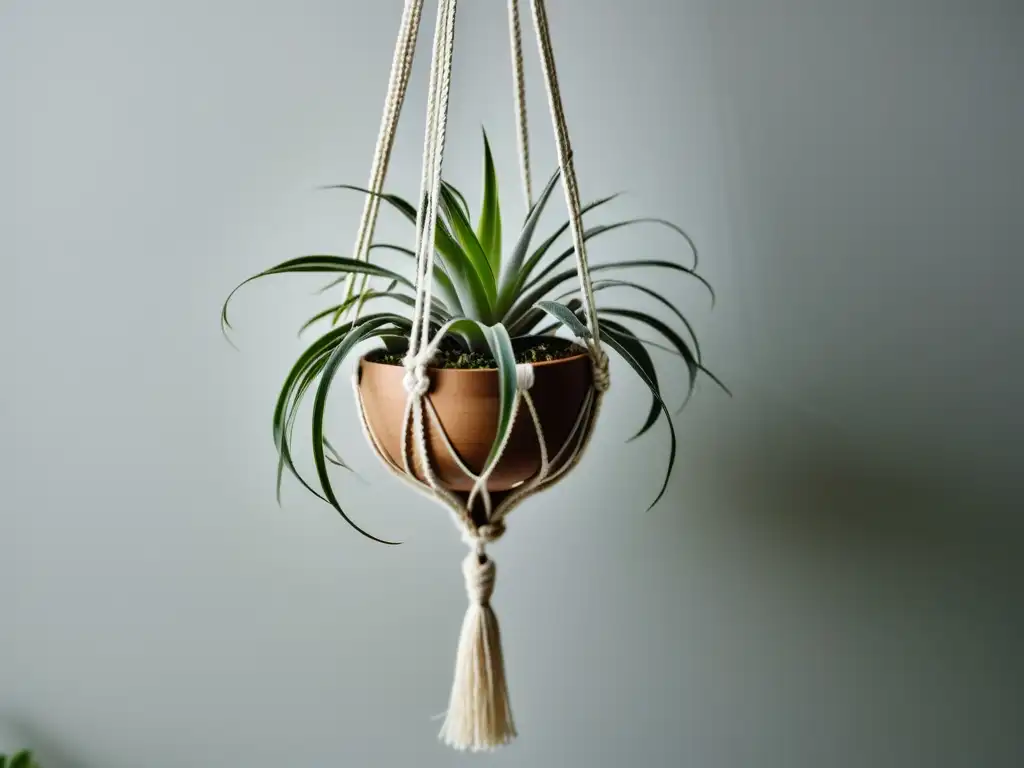 Detalle de técnica macramé para plantas aéreas, elegante diseño minimalista con texturas orgánicas y líneas limpias