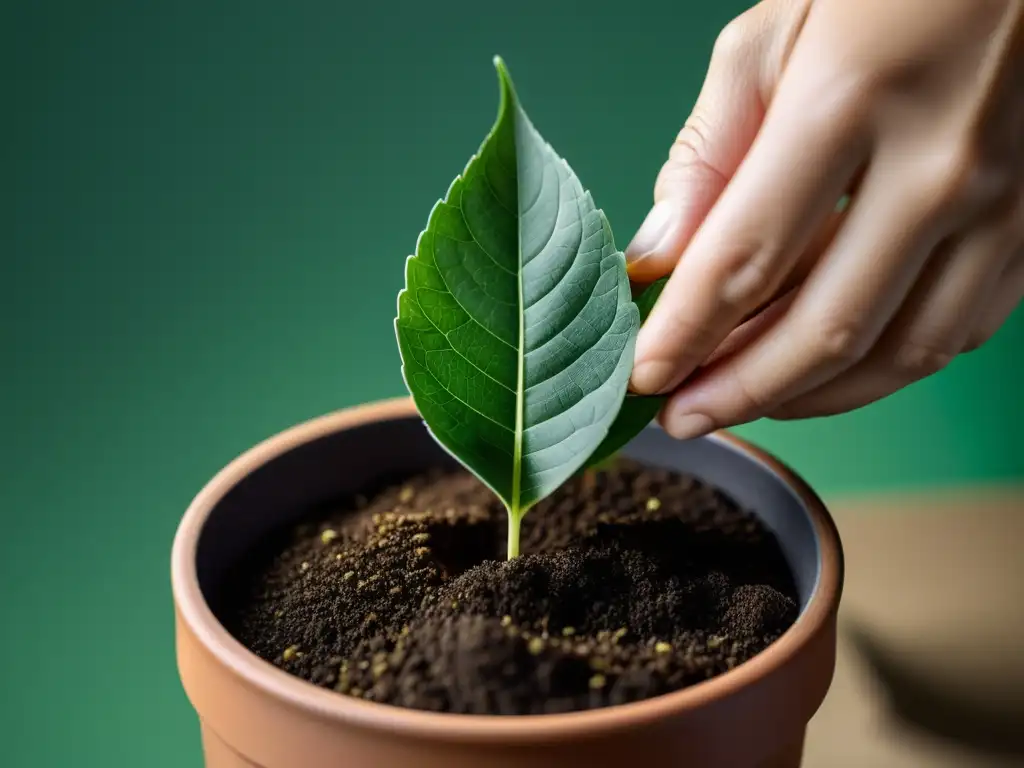 Detalle de reproducción de plantas de interior: delicada hoja en maceta con tierra fina