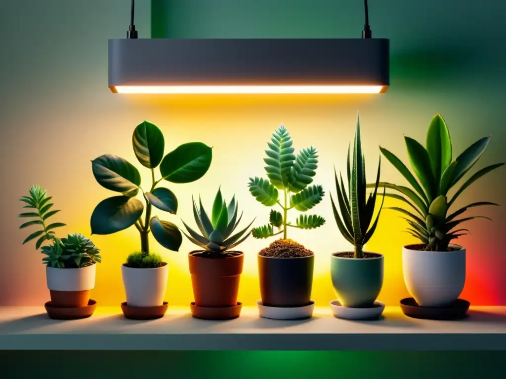 Detalle de plantas de interior iluminadas con diferentes tonos de luz, resaltando la importancia de la luz para plantas de interior