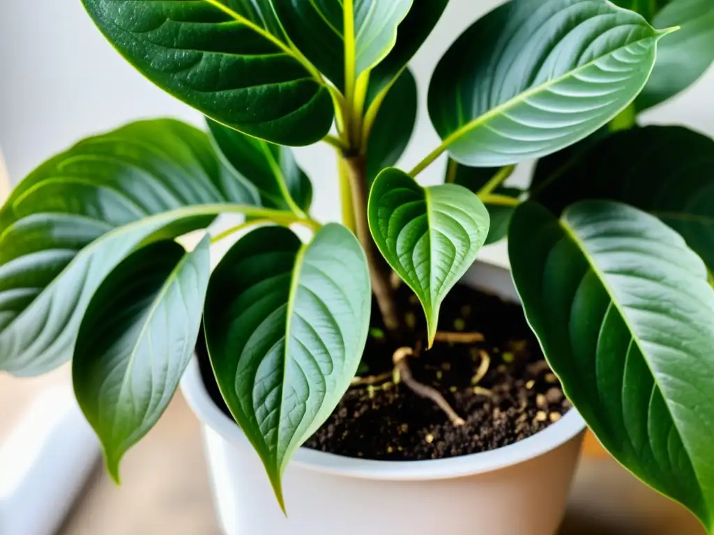 Detalle de dos plantas de interior verdes y exuberantes enraizadas juntas, mostrando la belleza y beneficios de plantas de interior en casa