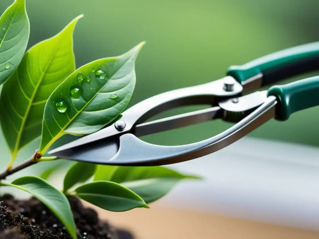 Detalle de poda precisa en bonsái, brindando cuidado a las plantas