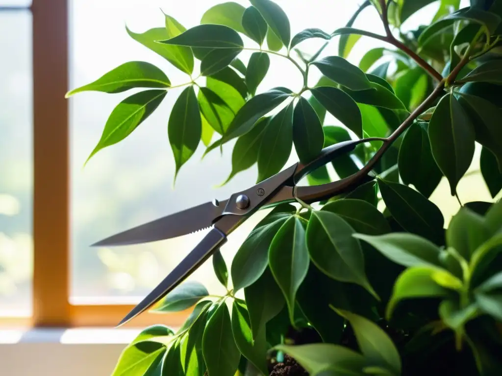 Detalle de poda experta en planta de interior, resaltando la importancia de la poda en plantas