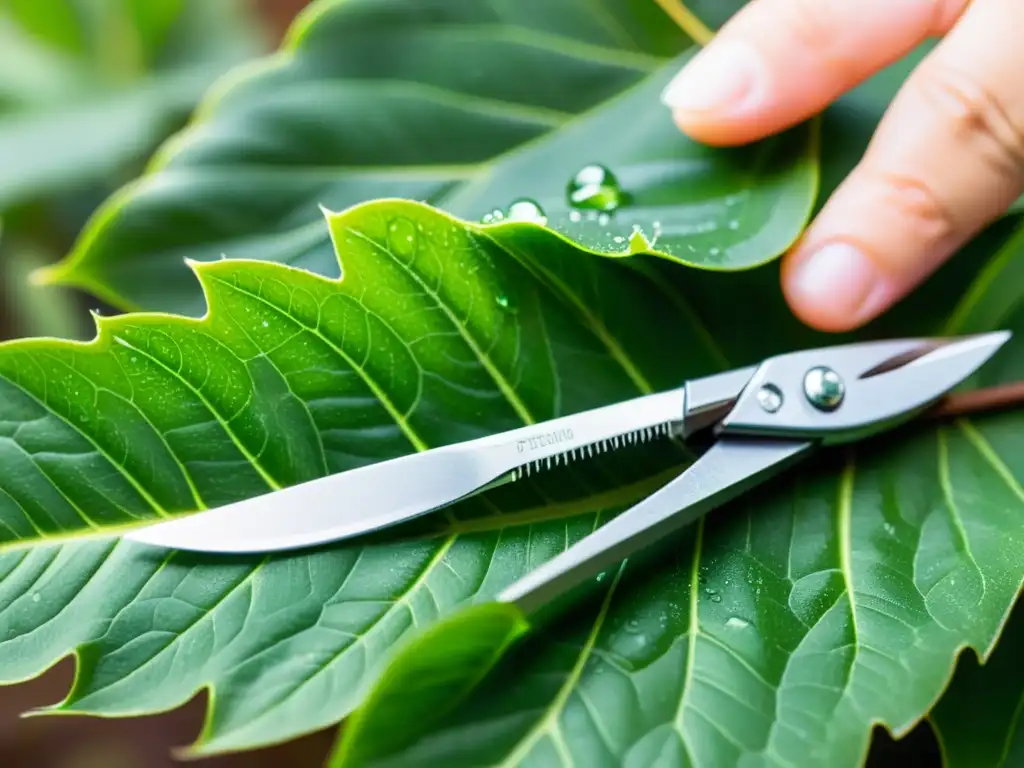 Detalle de poda de plantas: cuidadosa eliminación de hoja dañada en planta vibrante, destacando el diagnóstico y poda de plantas