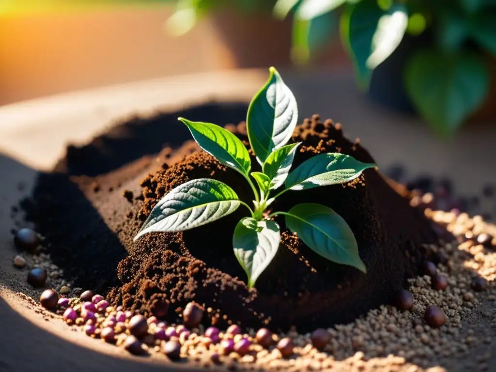 Detalle de posos de café esparcidos sobre la tierra de una planta interior, resaltando los beneficios para las plantas