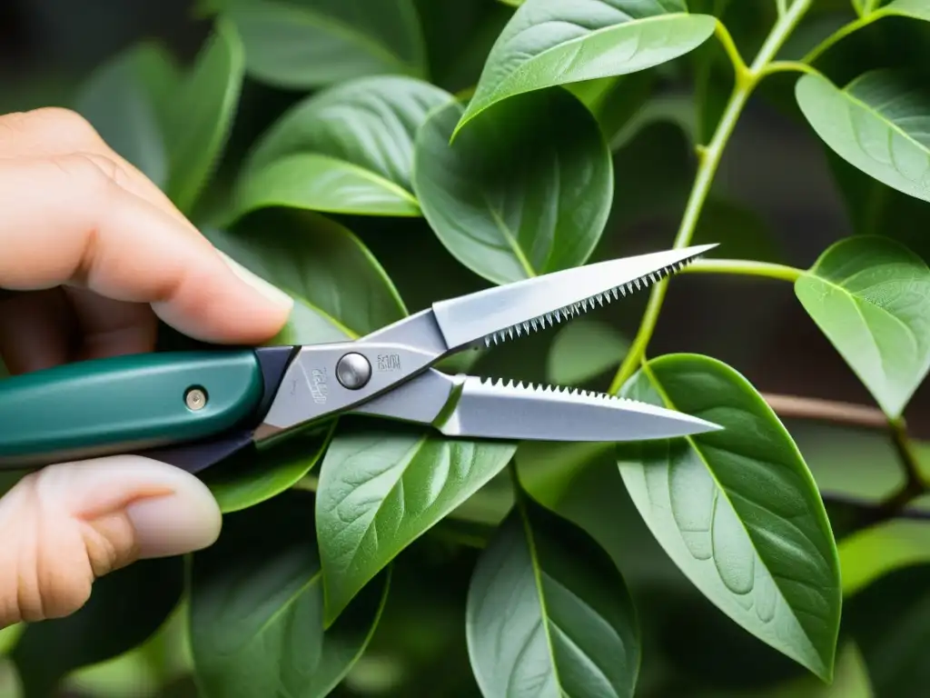 Detalle preciso de poda ocasional en plantas con tijeras de podar, resaltando cuidado y precisión