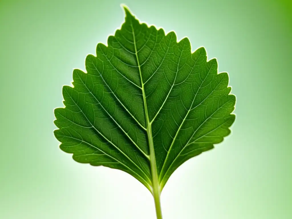 Detalle en primer plano de una hoja de perejil verde vibrante con gotas de agua, sobre fondo blanco