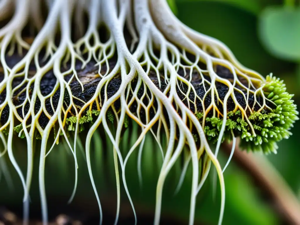 Detalle de raíces aéreas de planta interior, con estructuras finas y delicadas, destacando la naturaleza única de estas raíces