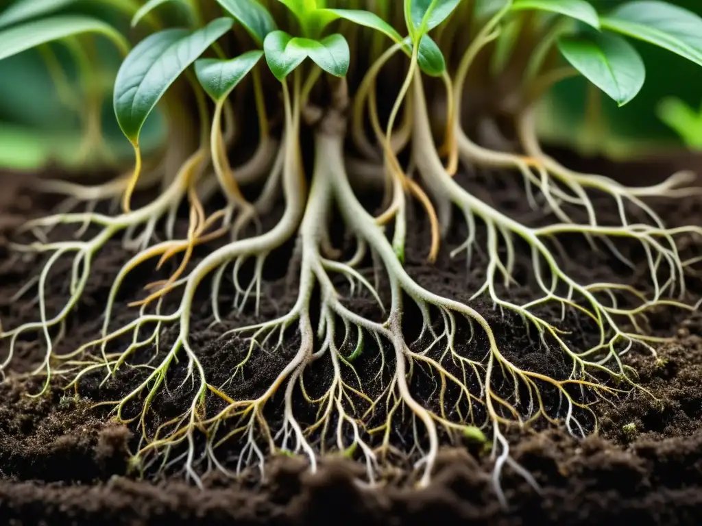 Detalle de las raíces de una planta de interior, mostrando su red delicada y saludable en contraste con la tierra oscura