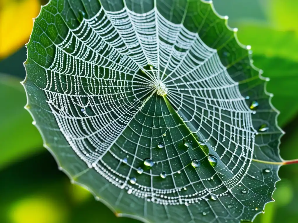 Detalle de red de araña cubierta de rocío sobre hoja verde brillante, capturando la belleza de la naturaleza