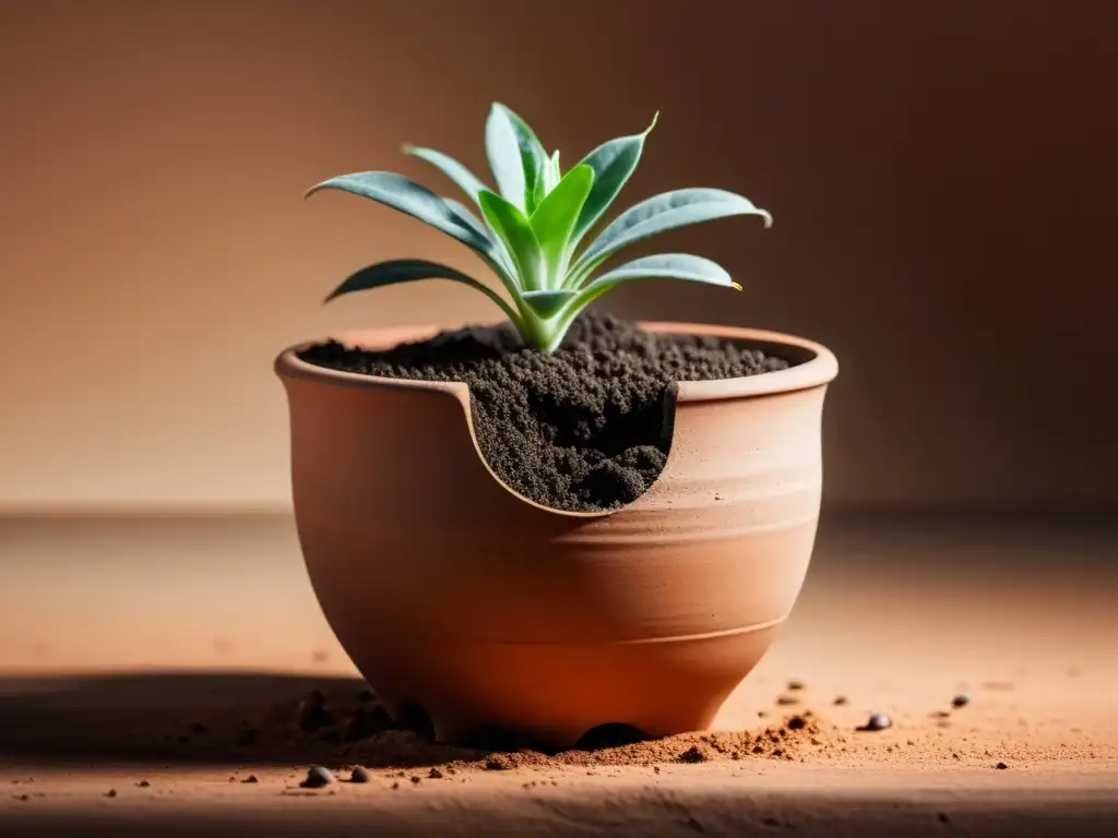 Detalle de riego por capilaridad para plantas en maceta de terracota con tierra húmeda y raíces alcanzando el agua en un ambiente suave y natural